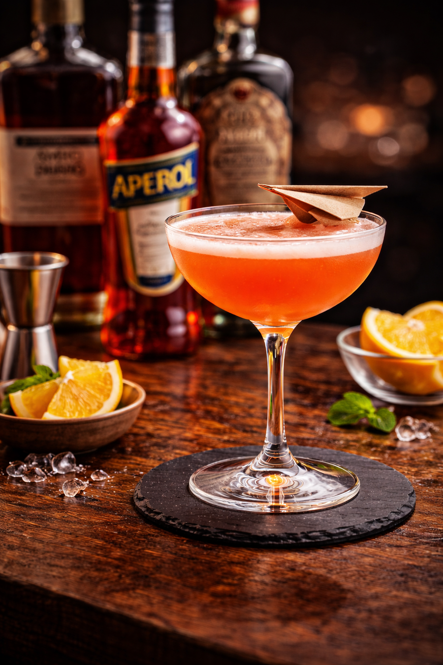Eleganter Aperol-Cocktail in einem Coupeglas auf der Bar, dekoriert mit Orangenzeste und umgeben von Spirituosenflaschen