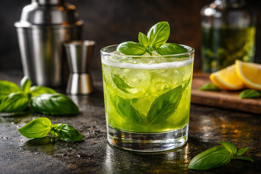 Frischer grüner Cocktail mit Eiswürfeln und Basilikumblättern in einem klaren Tumblerglas auf der Barfläche