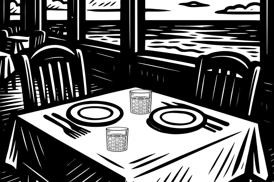 Stilvolle Schwarz-Weiß-Illustration eines gedeckten Tisches mit zwei Whiskeygläsern in einem Restaurantambiente