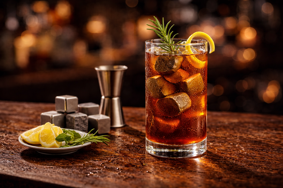 Erfrischender Longdrink mit Whiskey Steinen, Rosmarin und Zitronenscheibe im hohen Glas auf einer Barfläche