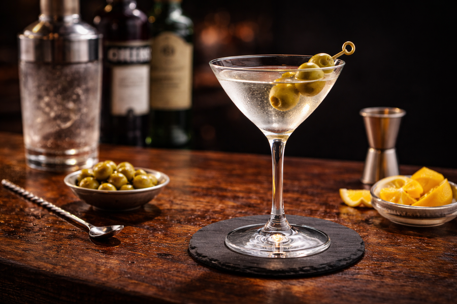 Klassischer Martini Cocktail mit grünen Oliven im eleganten Martiniglas auf einer Barfläche