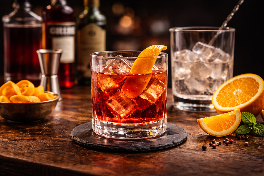 Klassischer Negroni Cocktail mit Eiswürfeln und frischer Orangenzeste in einem Tumblerglas auf der Barfläche