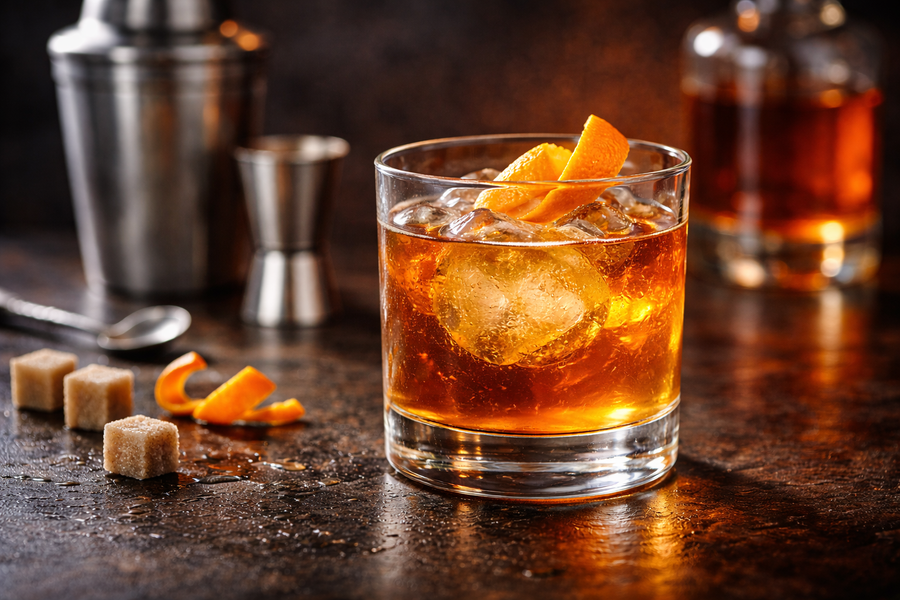 Klassischer Old Fashioned Cocktail mit Eiswürfeln und Orangenzeste in einem klaren Whiskeyglas auf der Bar