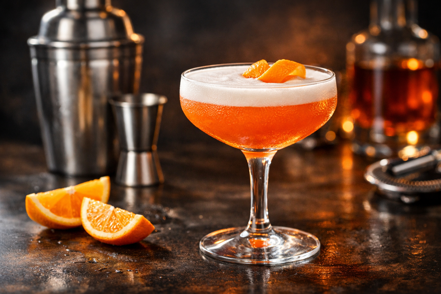 Frischer orangefarbener Cocktail mit Schaumhaube und Orangenzeste in einer eleganten Cocktailschale