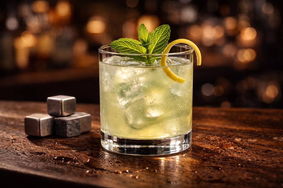 Erfrischender Whiskey Sour mit Eiswürfeln, frischer Minze und Zitronenzeste im Tumblerglas