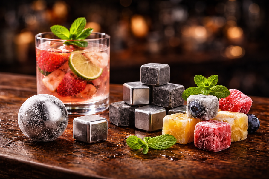 Wiederverwendbare Whiskey Steine aus Edelstahl neben einem fruchtigen Cocktail mit Erdbeeren, Limette und Minze