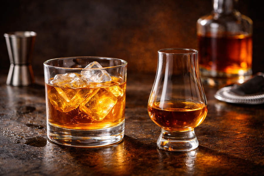 Whiskey im Tumblerglas mit Eiswürfeln neben einem Nosing-Glas auf einer stilvollen Bar mit warmem Licht