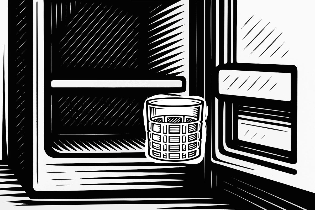 Schwarz-weiße Illustration eines Whiskeyglases im Gefrierfach